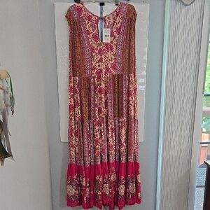 Free People Pink and Orange Tiered Maxi Sundress Size Medium Front Dress